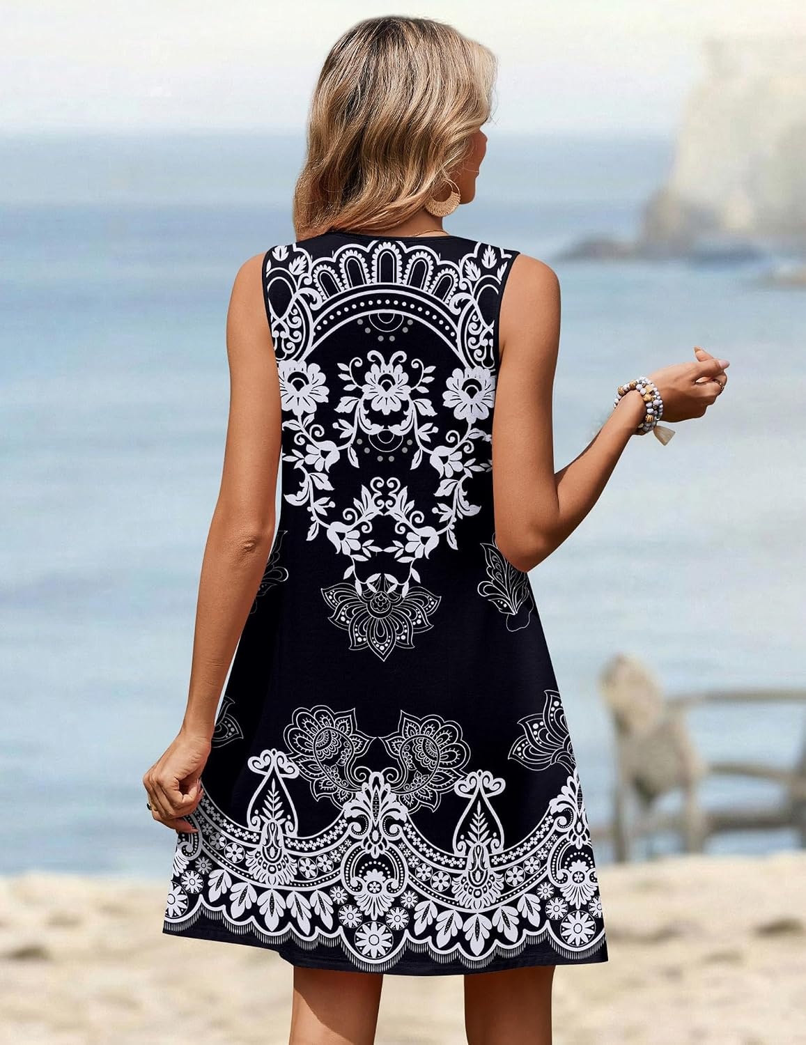 image:imageZeagoo Summer Dresses for Women 2026 Sleeveless Dress V Neck Tank Dress Pleated Floral Tshirt Sundresses with PocketsBlack White Floral
