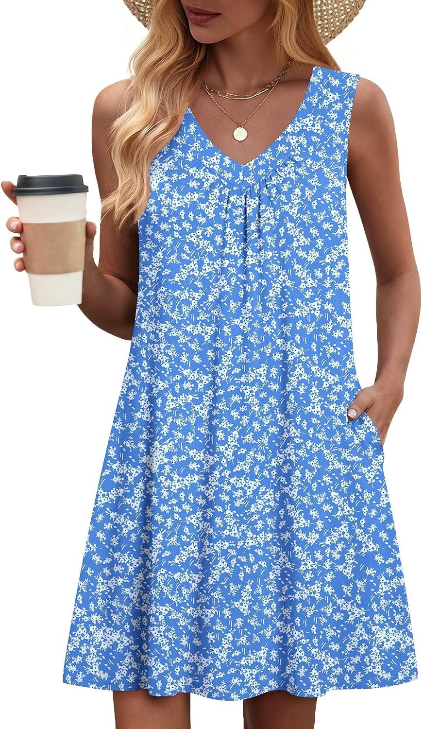 image:imageZeagoo Summer Dresses for Women 2026 Sleeveless Dress V Neck Tank Dress Pleated Floral Tshirt Sundresses with PocketsBlue Floral