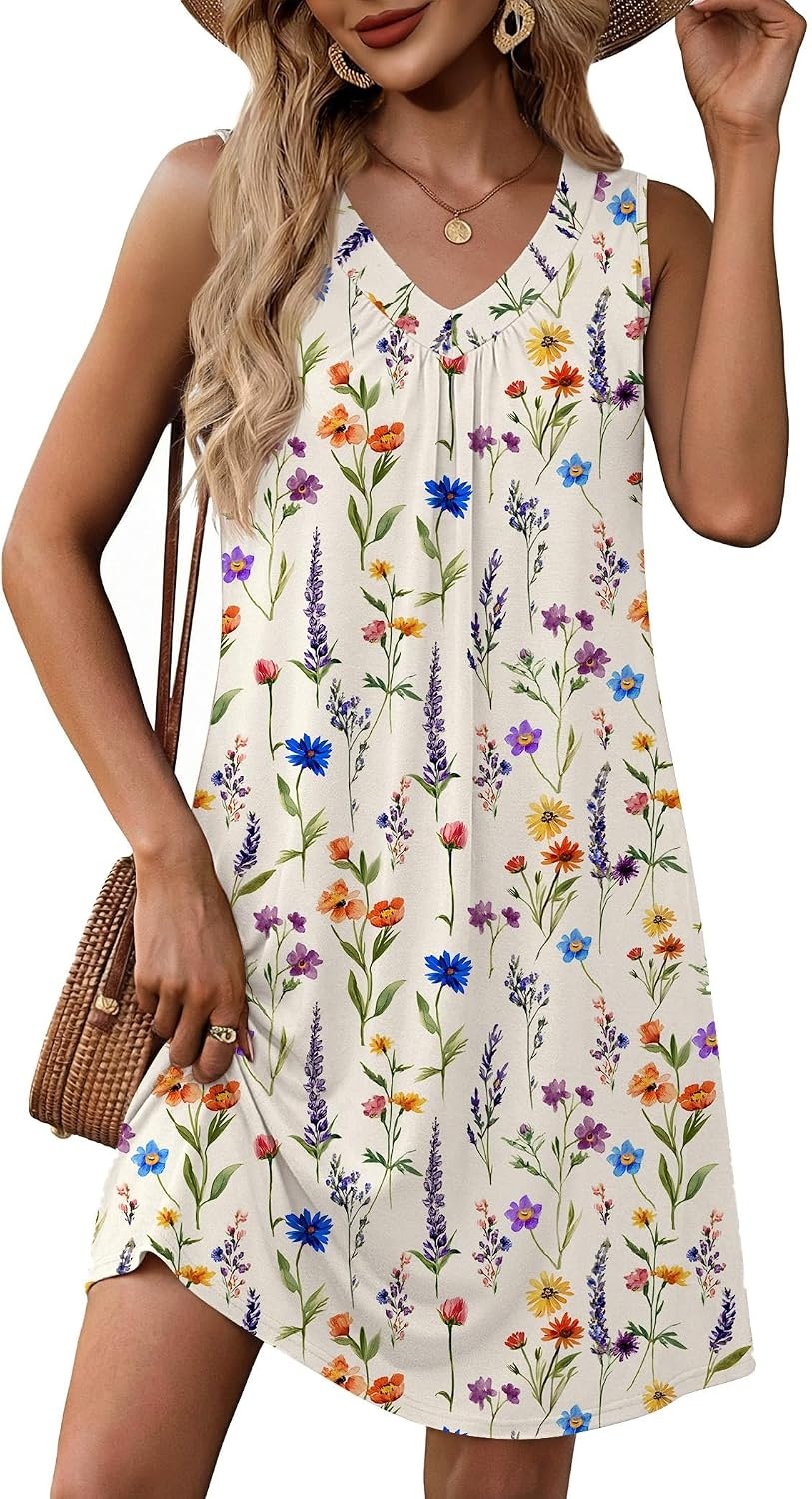 image:imageZeagoo Summer Dresses for Women 2026 Sleeveless Dress V Neck Tank Dress Pleated Floral Tshirt Sundresses with PocketsFloral3