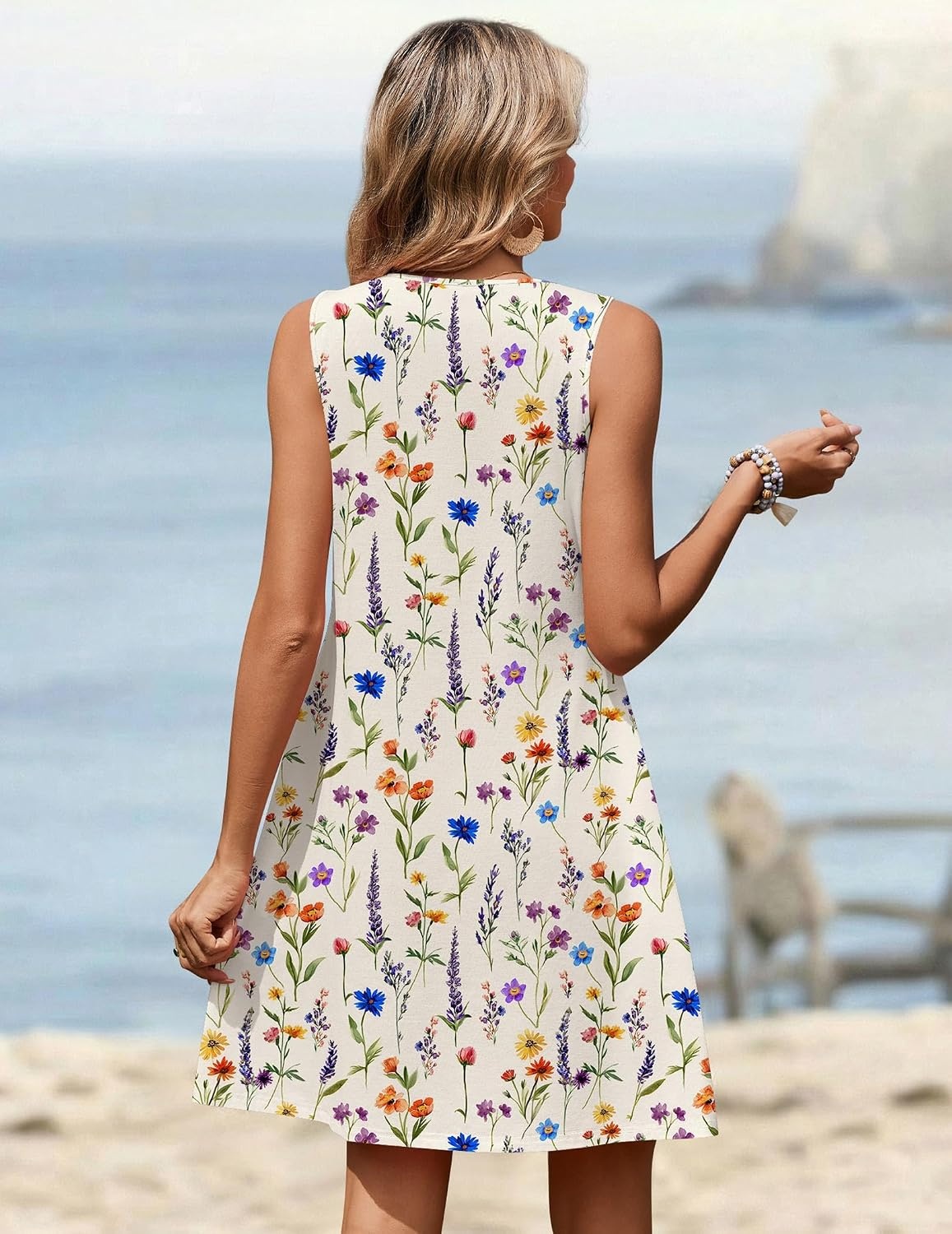 image:imageZeagoo Summer Dresses for Women 2026 Sleeveless Dress V Neck Tank Dress Pleated Floral Tshirt Sundresses with PocketsFloral3