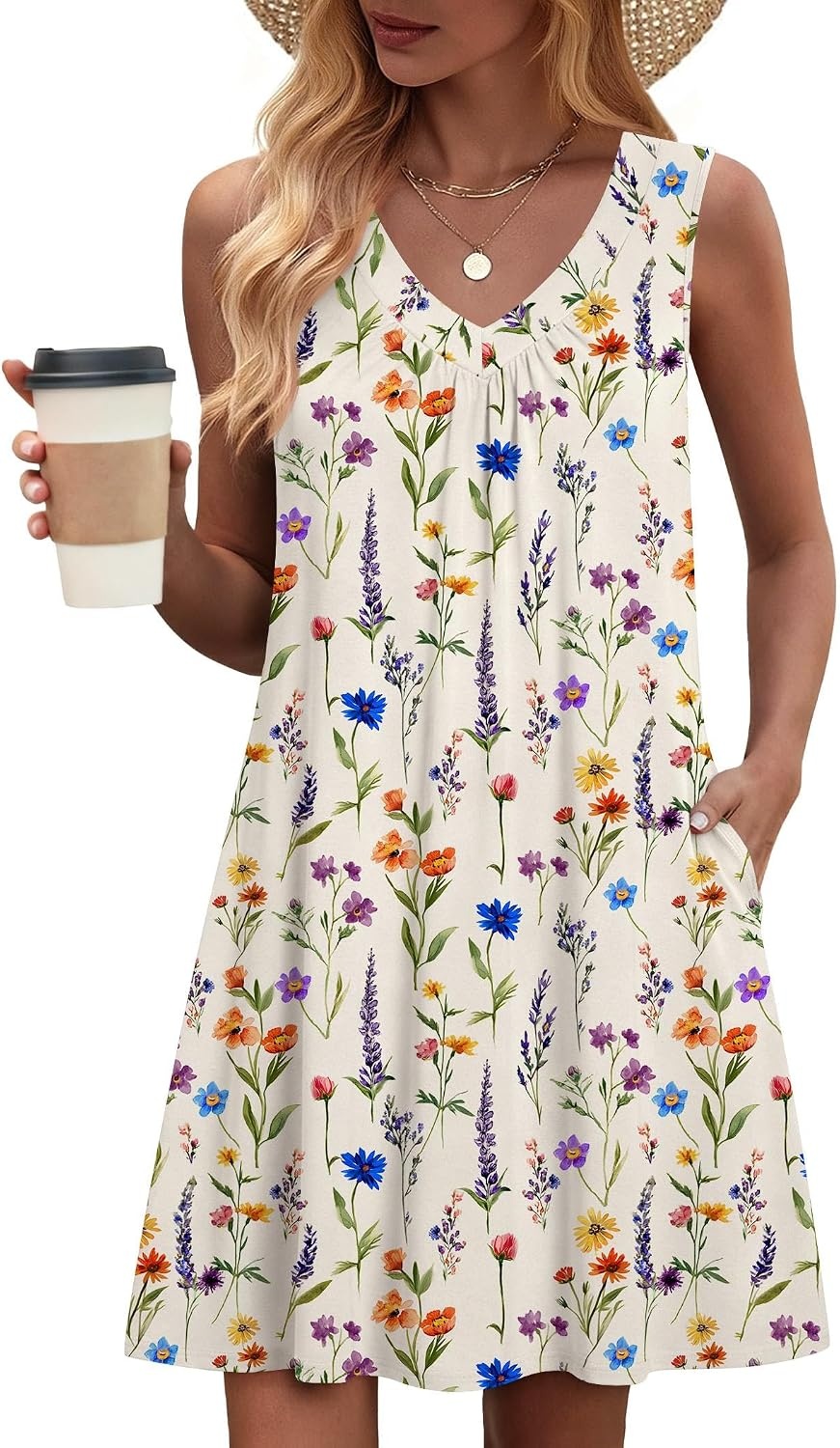 image:imageZeagoo Summer Dresses for Women 2026 Sleeveless Dress V Neck Tank Dress Pleated Floral Tshirt Sundresses with PocketsFloral3