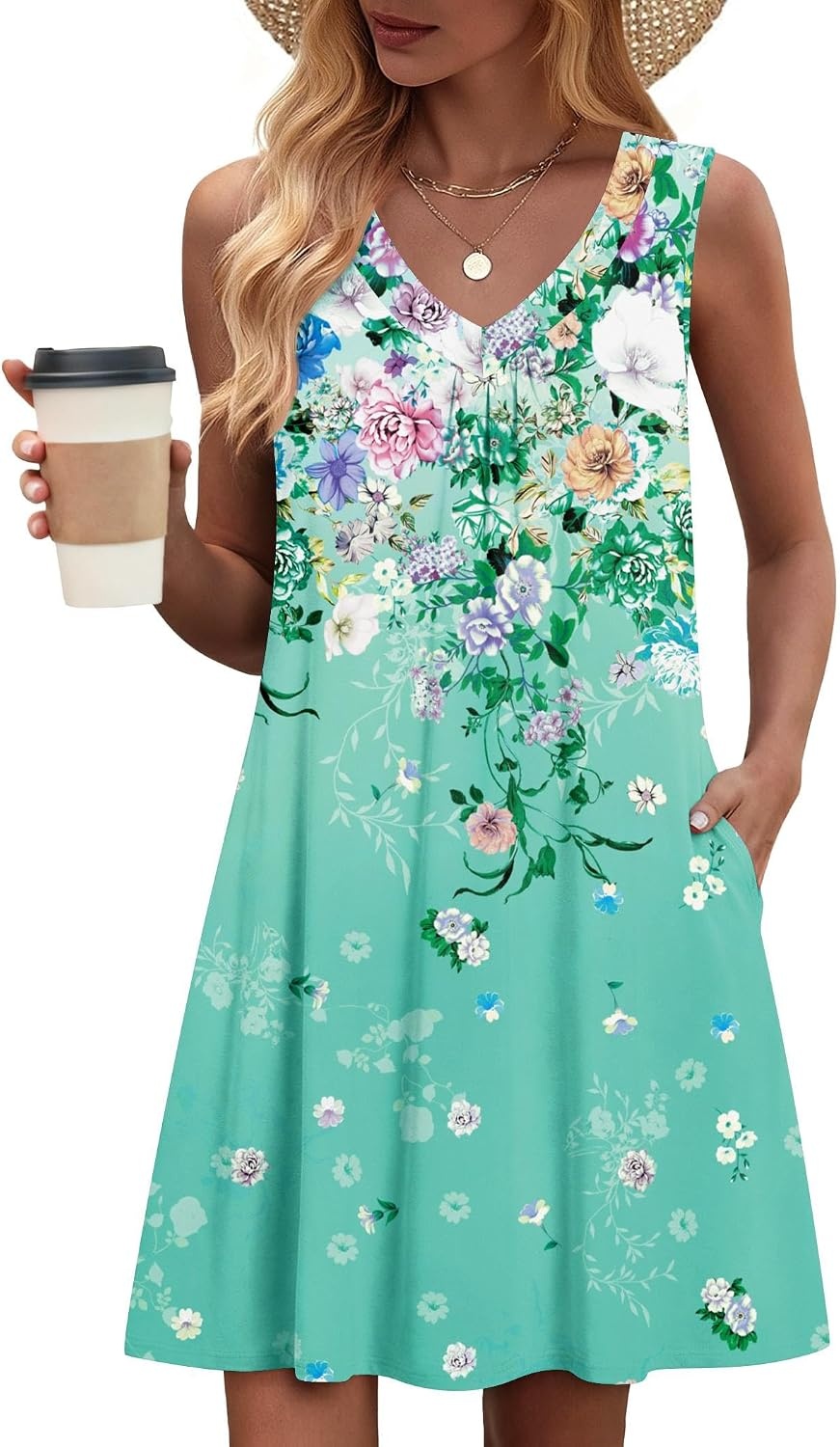 image:imageZeagoo Summer Dresses for Women 2026 Sleeveless Dress V Neck Tank Dress Pleated Floral Tshirt Sundresses with PocketsFloral6