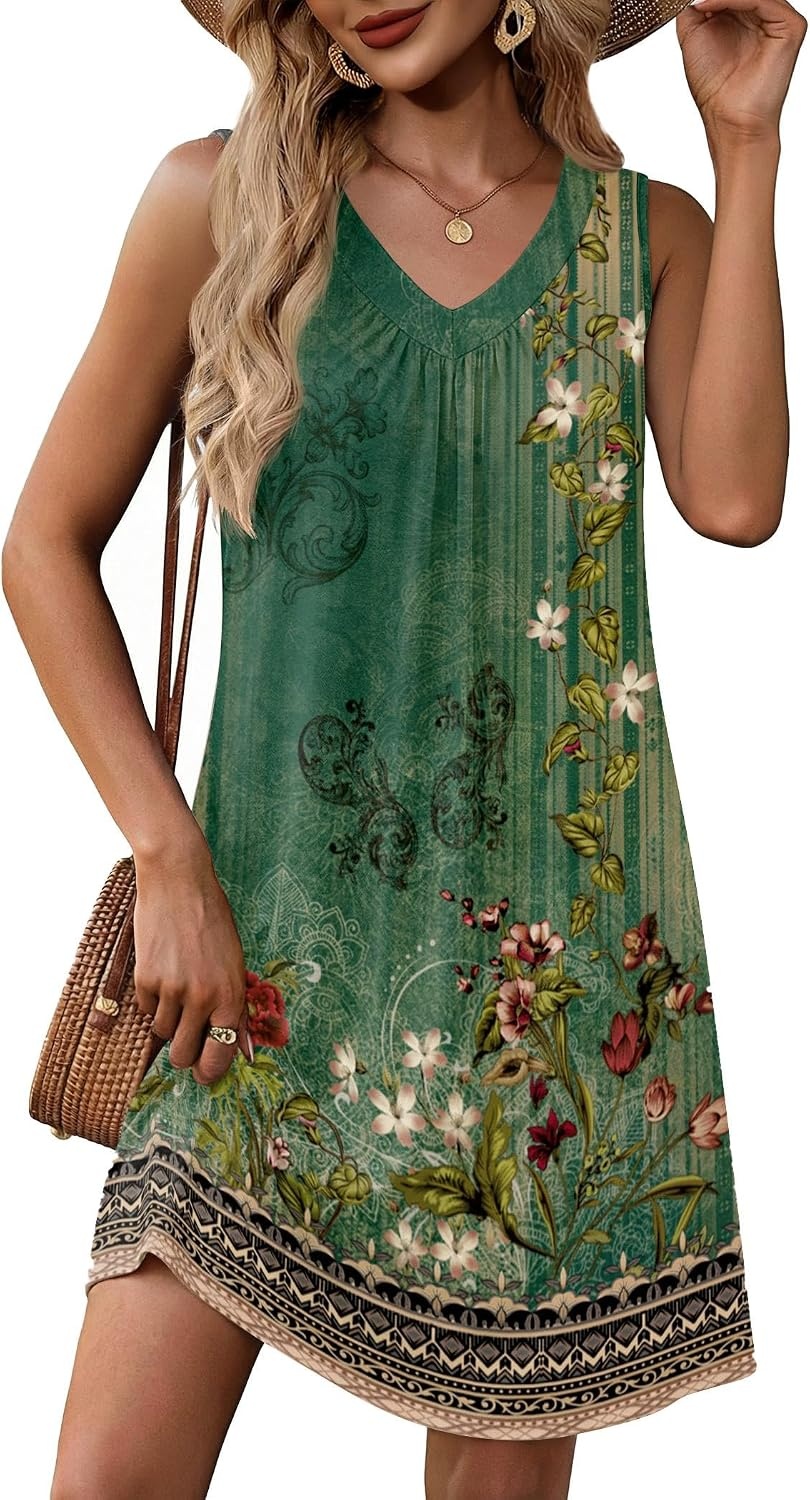 image:imageZeagoo Summer Dresses for Women 2026 Sleeveless Dress V Neck Tank Dress Pleated Floral Tshirt Sundresses with PocketsGreen Floral