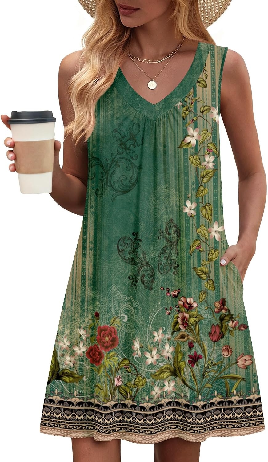 image:imageZeagoo Summer Dresses for Women 2026 Sleeveless Dress V Neck Tank Dress Pleated Floral Tshirt Sundresses with PocketsGreen Floral