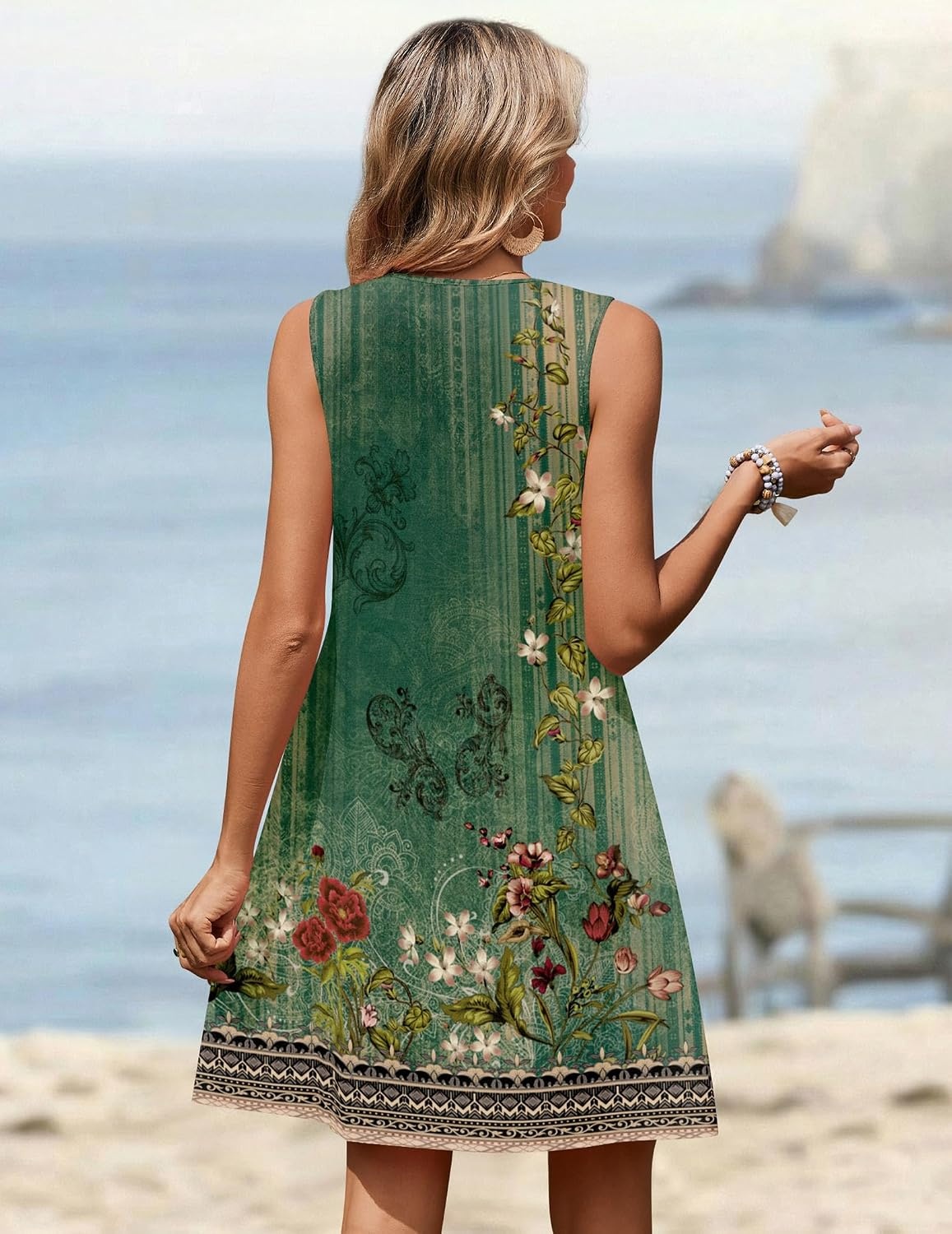 image:imageZeagoo Summer Dresses for Women 2026 Sleeveless Dress V Neck Tank Dress Pleated Floral Tshirt Sundresses with PocketsGreen Floral