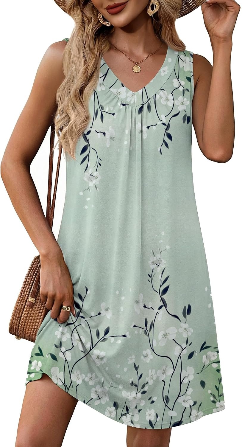 image:imageZeagoo Summer Dresses for Women 2026 Sleeveless Dress V Neck Tank Dress Pleated Floral Tshirt Sundresses with PocketsGreen Floralprinted