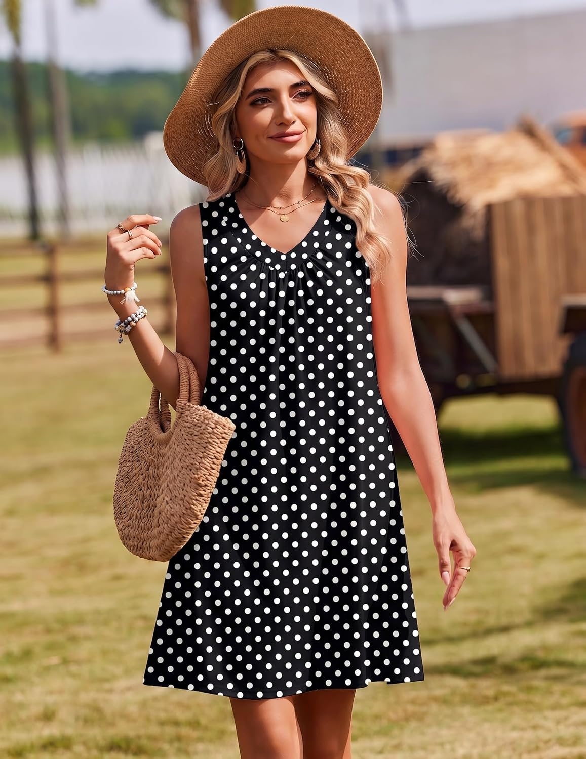 image:imageZeagoo Summer Dresses for Women 2026 Sleeveless Dress V Neck Tank Dress Pleated Floral Tshirt Sundresses with PocketsJh124