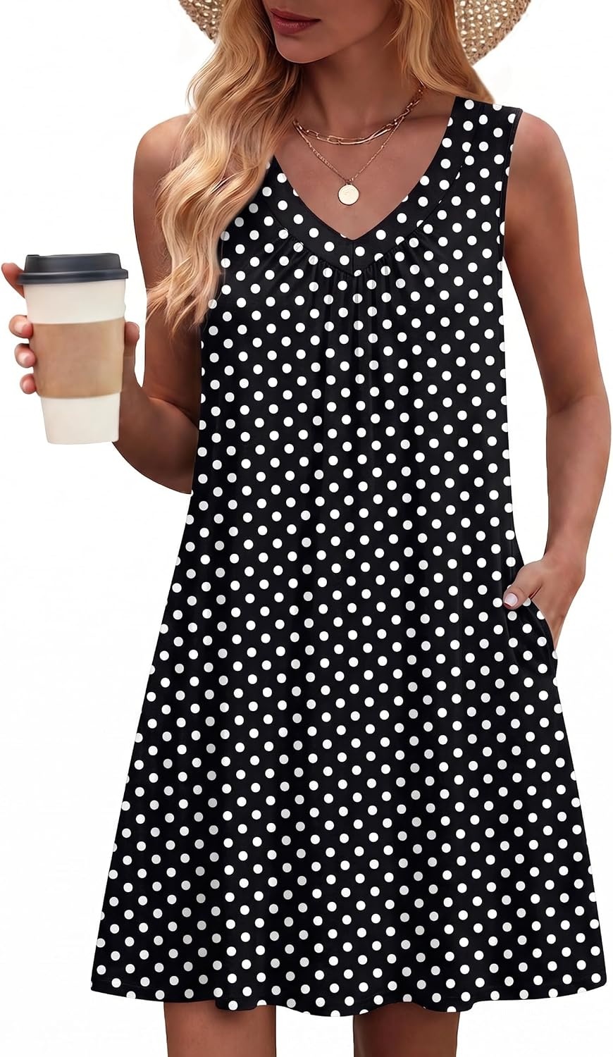 image:imageZeagoo Summer Dresses for Women 2026 Sleeveless Dress V Neck Tank Dress Pleated Floral Tshirt Sundresses with PocketsJh124