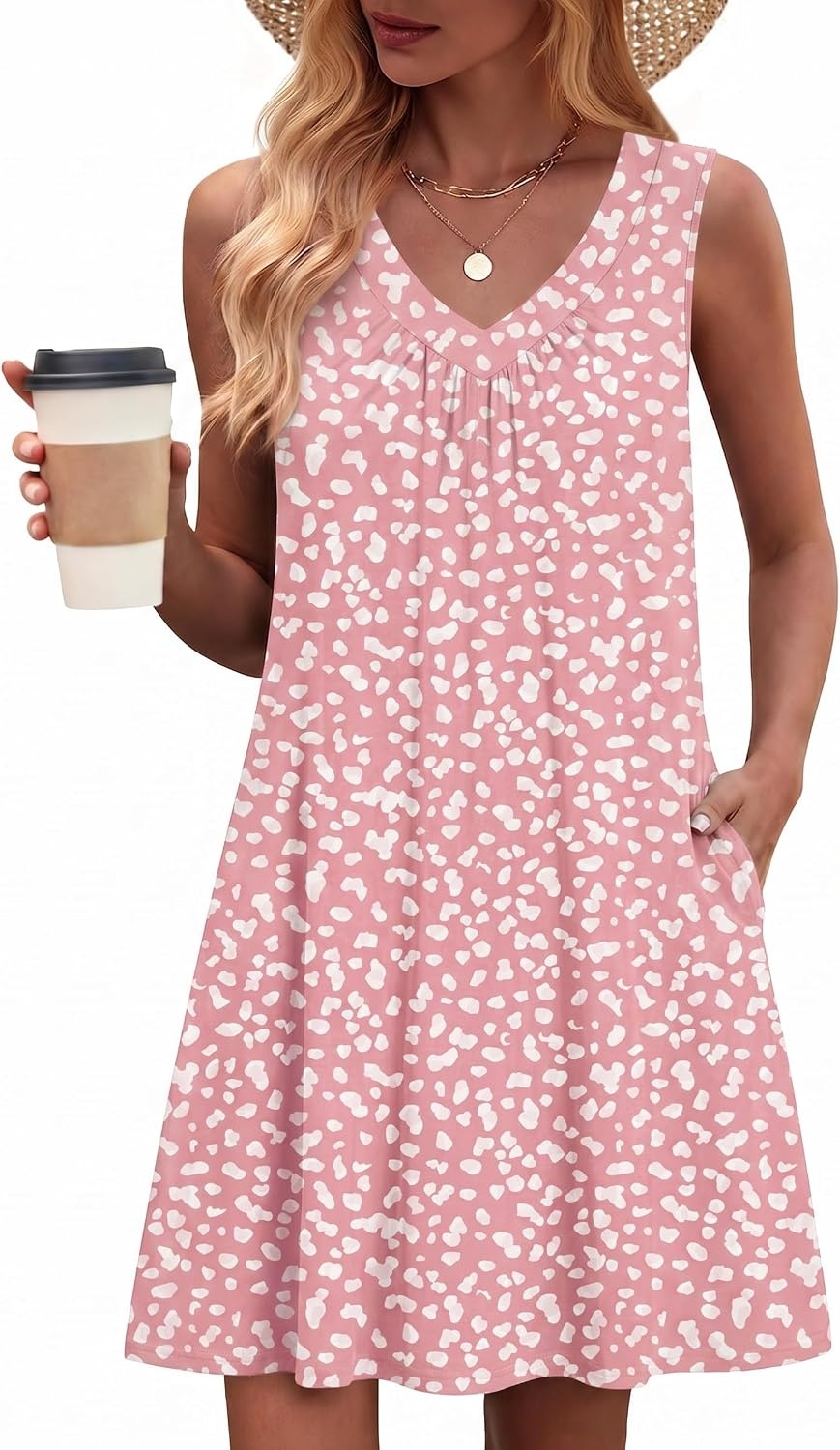 image:imageZeagoo Summer Dresses for Women 2026 Sleeveless Dress V Neck Tank Dress Pleated Floral Tshirt Sundresses with PocketsJh589