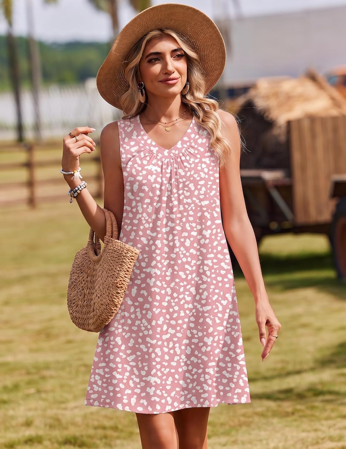 image:imageZeagoo Summer Dresses for Women 2026 Sleeveless Dress V Neck Tank Dress Pleated Floral Tshirt Sundresses with PocketsJh589