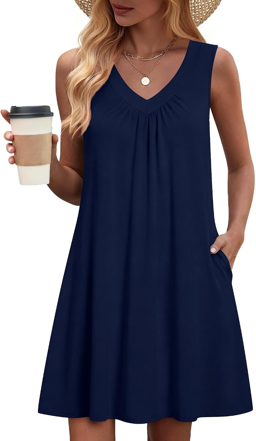 image:imageZeagoo Summer Dresses for Women 2026 Sleeveless Dress V Neck Tank Dress Pleated Floral Tshirt Sundresses with PocketsNavy Blue