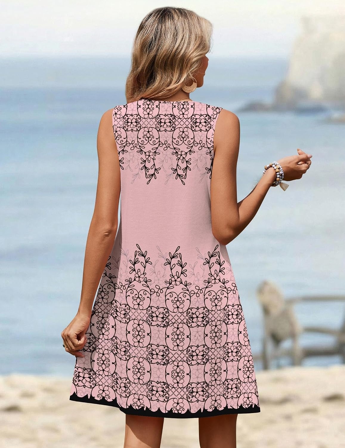 image:imageZeagoo Summer Dresses for Women 2026 Sleeveless Dress V Neck Tank Dress Pleated Floral Tshirt Sundresses with PocketsPink Print
