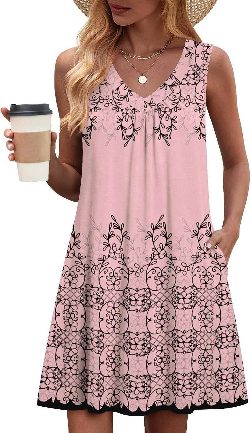 image:imageZeagoo Summer Dresses for Women 2026 Sleeveless Dress V Neck Tank Dress Pleated Floral Tshirt Sundresses with PocketsPink Print