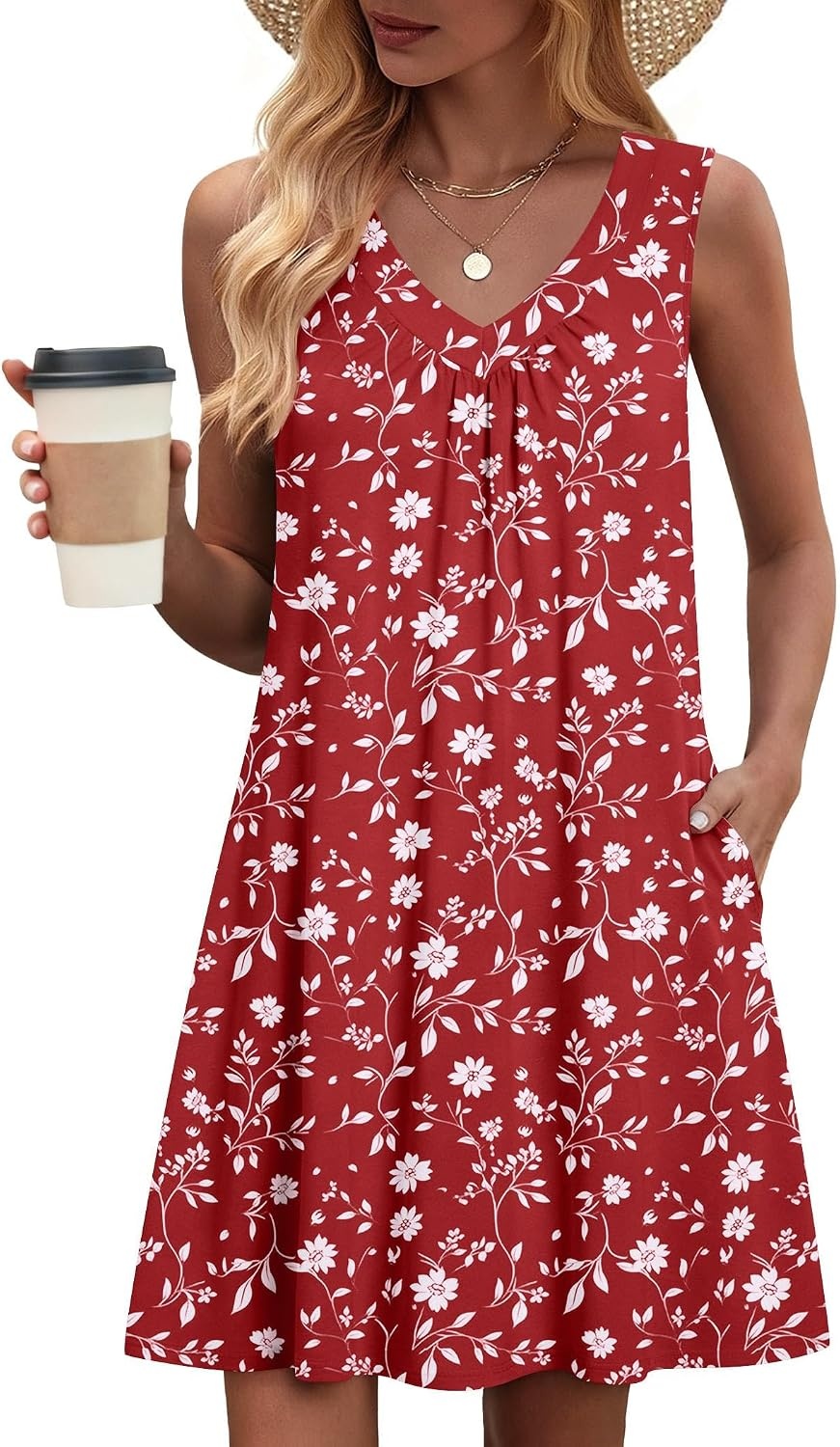 image:imageZeagoo Summer Dresses for Women 2026 Sleeveless Dress V Neck Tank Dress Pleated Floral Tshirt Sundresses with PocketsRedfloral