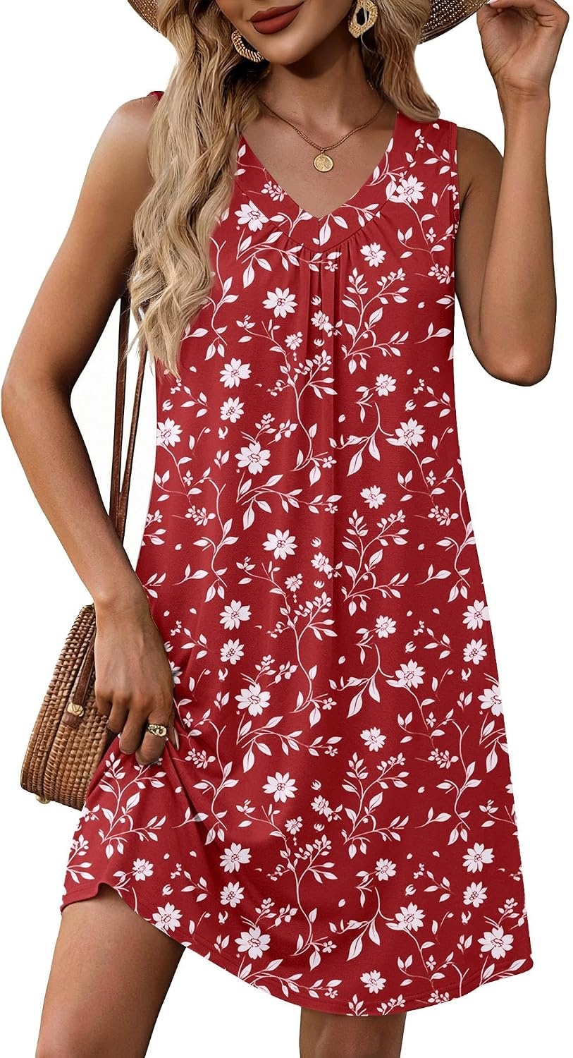 image:imageZeagoo Summer Dresses for Women 2026 Sleeveless Dress V Neck Tank Dress Pleated Floral Tshirt Sundresses with PocketsRedfloral