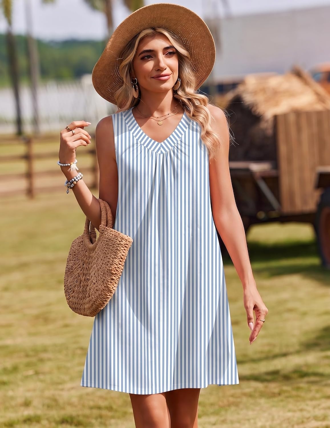 image:imageZeagoo Summer Dresses for Women 2026 Sleeveless Dress V Neck Tank Dress Pleated Floral Tshirt Sundresses with PocketsTw399