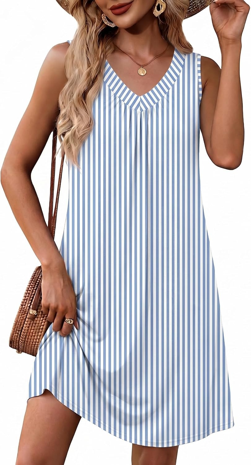 image:imageZeagoo Summer Dresses for Women 2026 Sleeveless Dress V Neck Tank Dress Pleated Floral Tshirt Sundresses with PocketsTw399