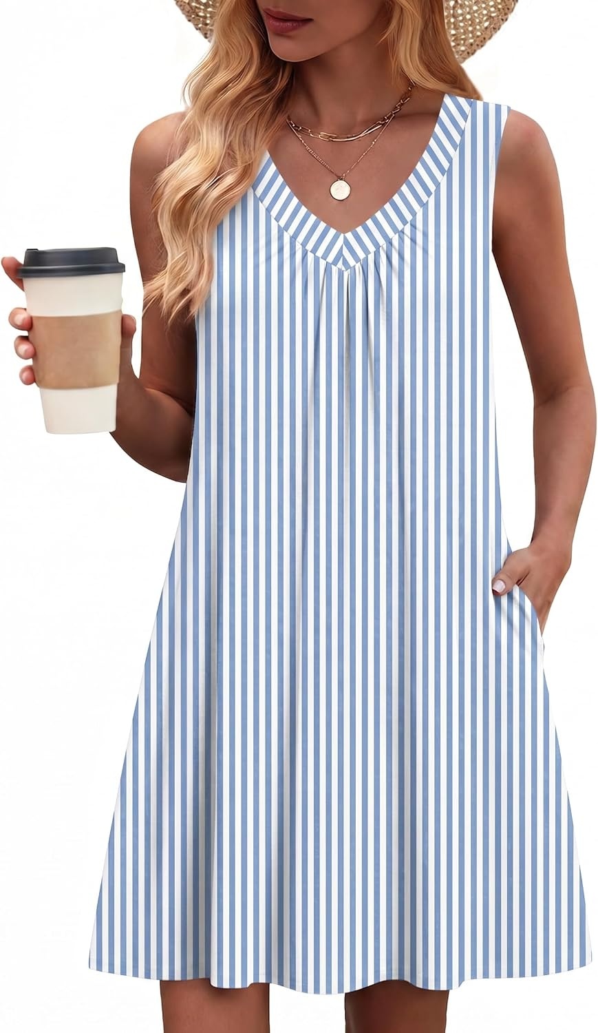 image:imageZeagoo Summer Dresses for Women 2026 Sleeveless Dress V Neck Tank Dress Pleated Floral Tshirt Sundresses with PocketsTw399