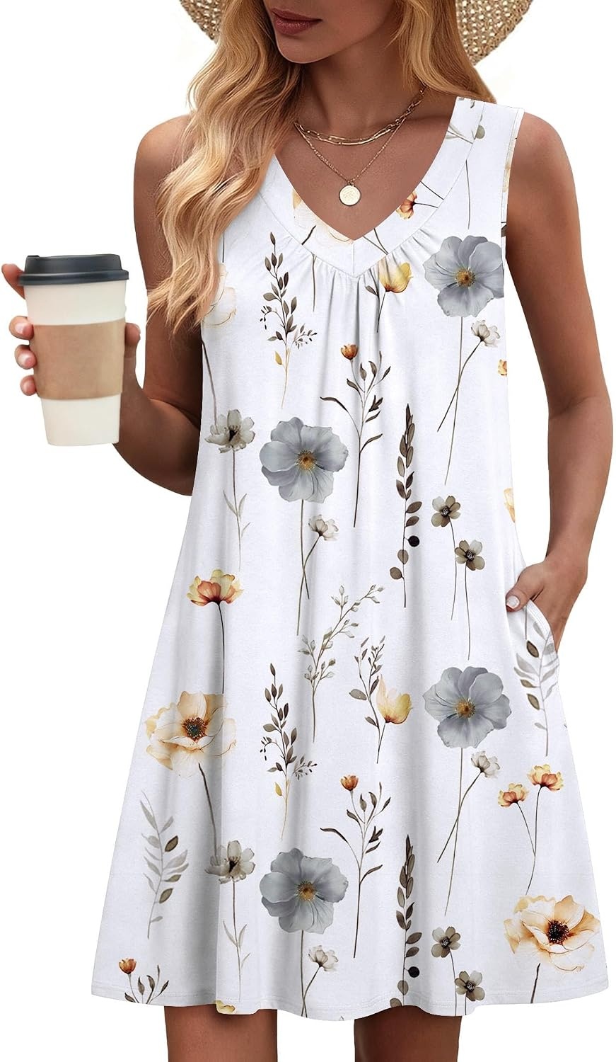 image:imageZeagoo Summer Dresses for Women 2026 Sleeveless Dress V Neck Tank Dress Pleated Floral Tshirt Sundresses with PocketsWhite Floral