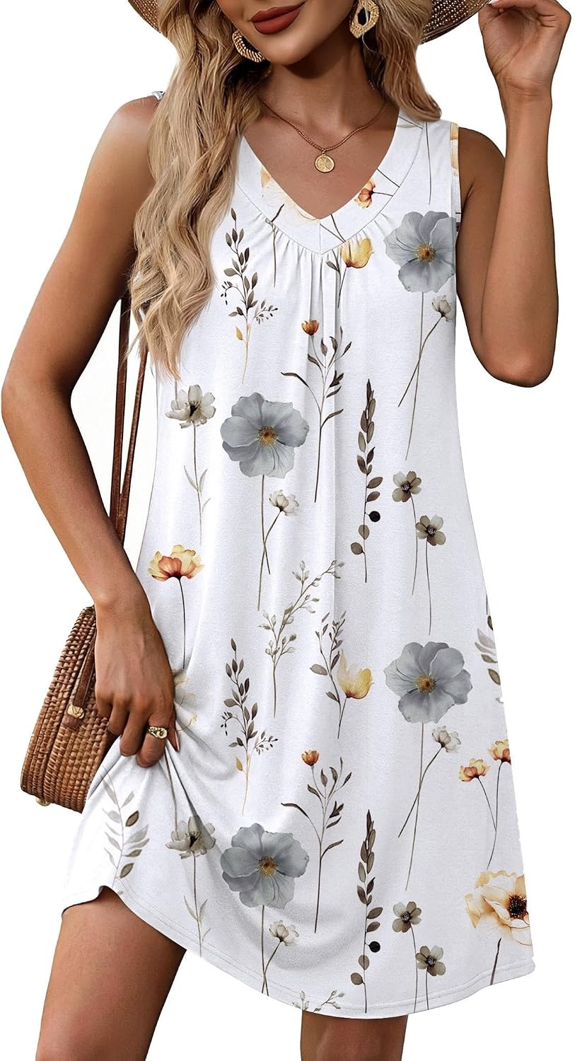 image:imageZeagoo Summer Dresses for Women 2026 Sleeveless Dress V Neck Tank Dress Pleated Floral Tshirt Sundresses with PocketsWhite Floral