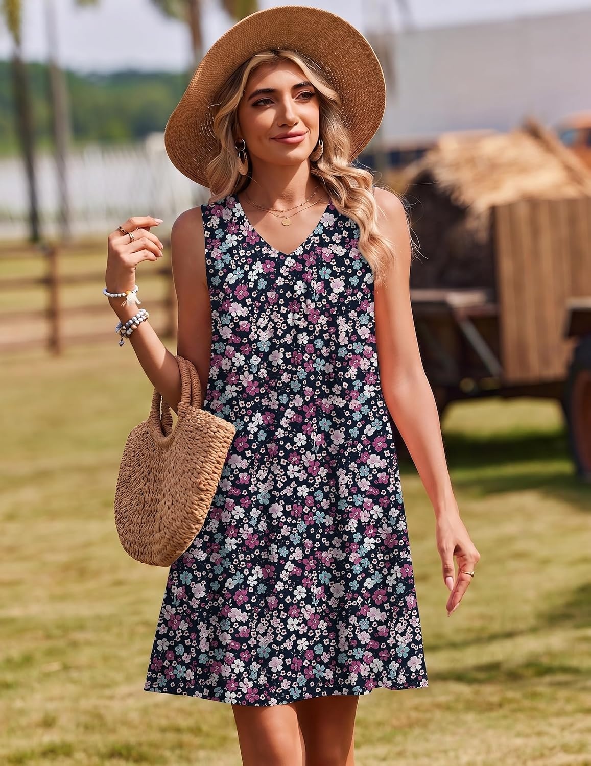 image:imageZeagoo Summer Dresses for Women 2026 Sleeveless Dress V Neck Tank Dress Pleated Floral Tshirt Sundresses with PocketsXh377