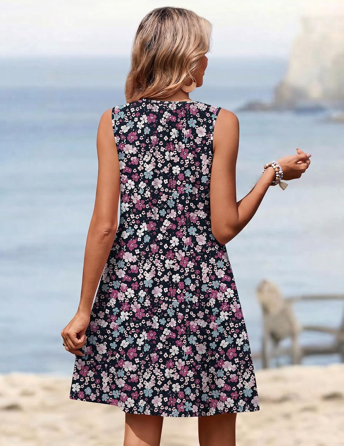 image:imageZeagoo Summer Dresses for Women 2026 Sleeveless Dress V Neck Tank Dress Pleated Floral Tshirt Sundresses with PocketsXh377