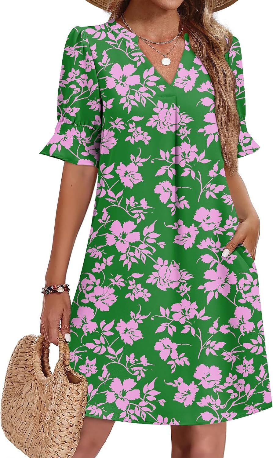 image:imageZeagoo Summer Dresses for Women 2026 V Neck Ruffle Sleeve Loose Shift Dress Hawaiian Sundress Beach Vacation ClothesA01green Floral