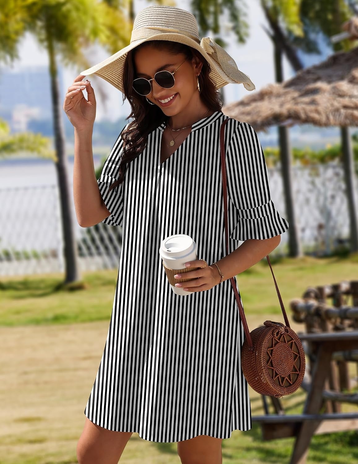 image:imageZeagoo Summer Dresses for Women 2026 V Neck Ruffle Sleeve Loose Shift Dress Hawaiian Sundress Beach Vacation ClothesA02black and White Stripes