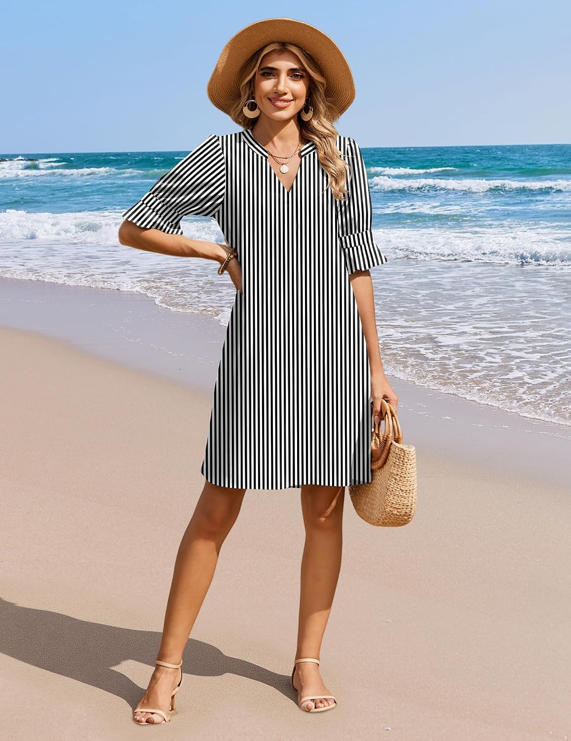 image:imageZeagoo Summer Dresses for Women 2026 V Neck Ruffle Sleeve Loose Shift Dress Hawaiian Sundress Beach Vacation ClothesA02black and White Stripes