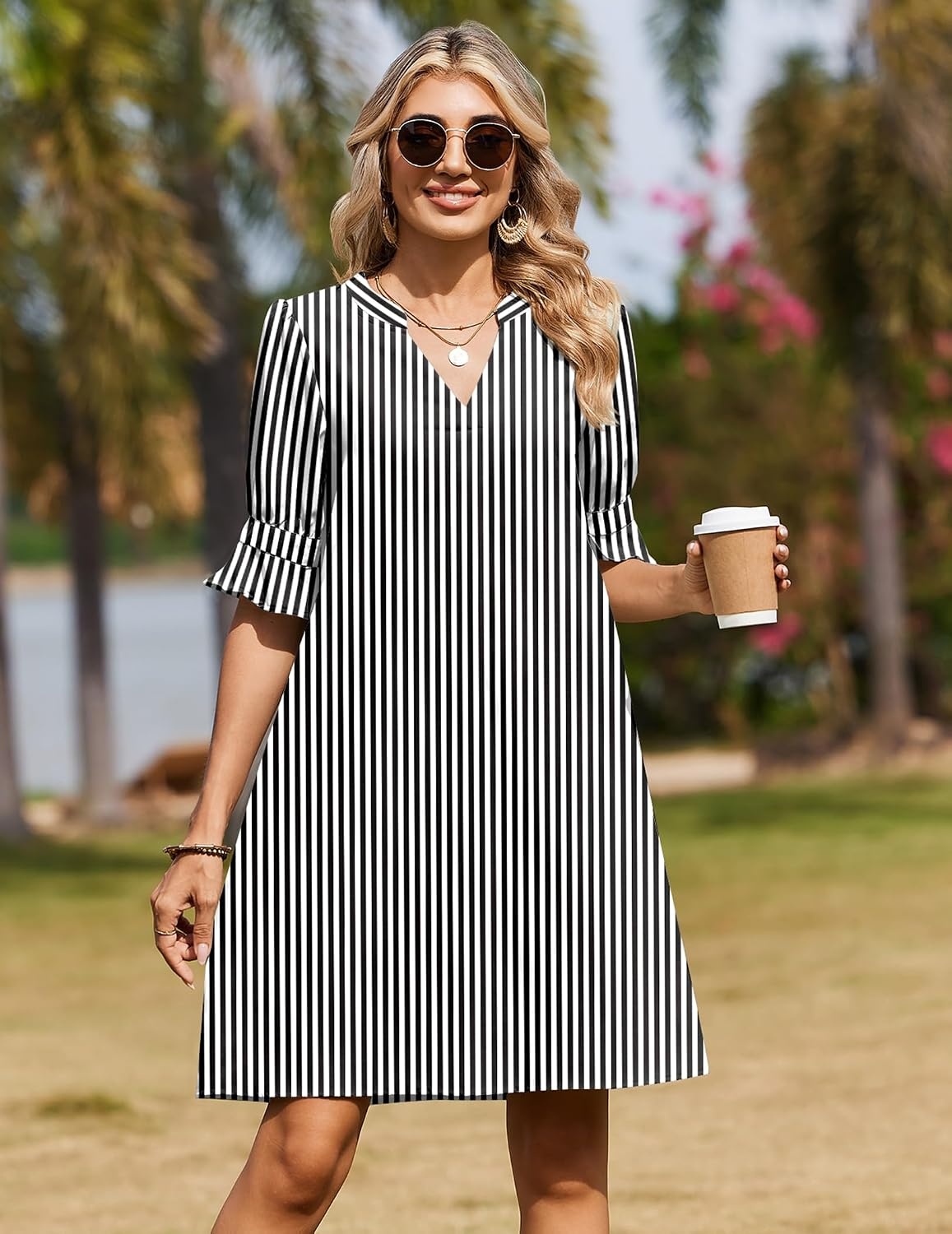 image:imageZeagoo Summer Dresses for Women 2026 V Neck Ruffle Sleeve Loose Shift Dress Hawaiian Sundress Beach Vacation ClothesA02black and White Stripes