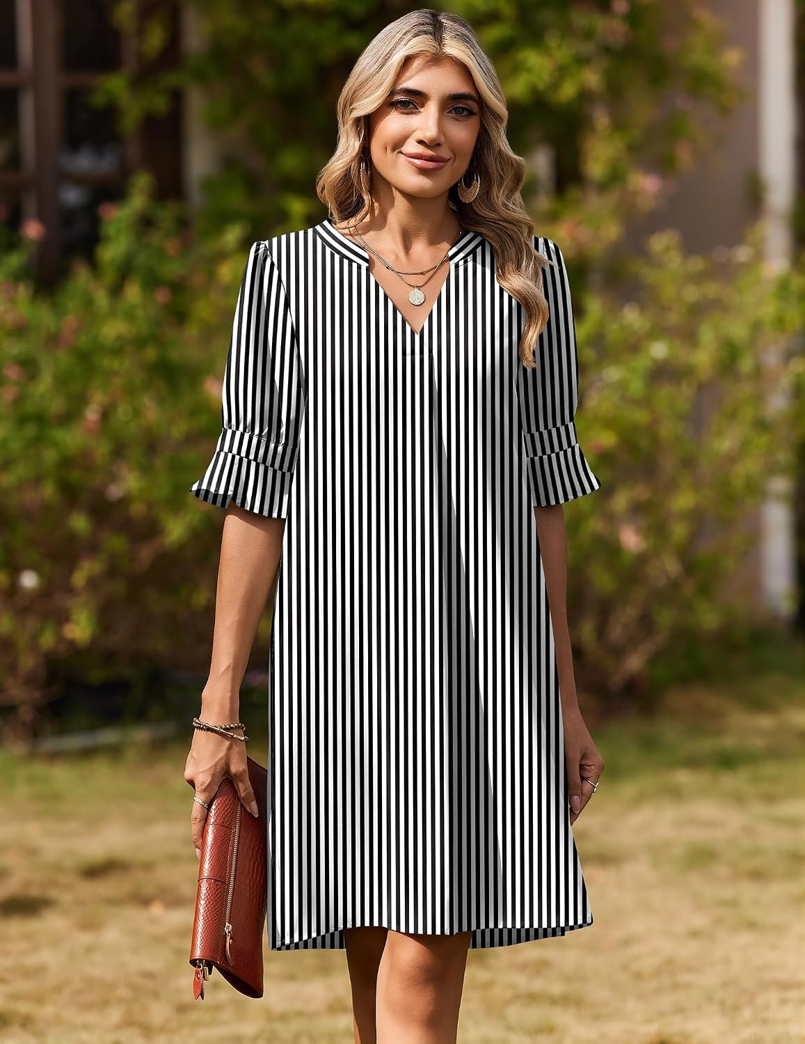 image:imageZeagoo Summer Dresses for Women 2026 V Neck Ruffle Sleeve Loose Shift Dress Hawaiian Sundress Beach Vacation ClothesA02black and White Stripes