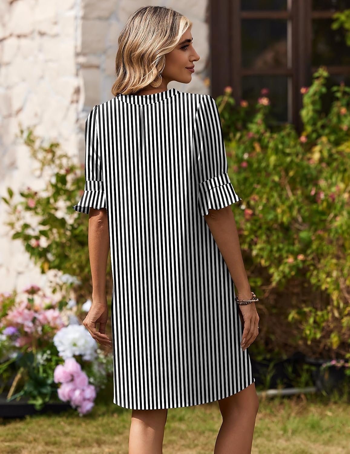 image:imageZeagoo Summer Dresses for Women 2026 V Neck Ruffle Sleeve Loose Shift Dress Hawaiian Sundress Beach Vacation ClothesA02black and White Stripes