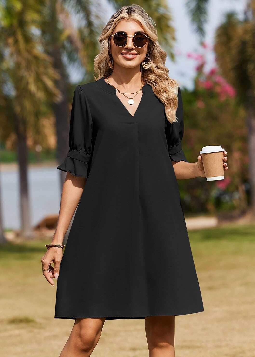 image:imageZeagoo Summer Dresses for Women 2026 V Neck Ruffle Sleeve Loose Shift Dress Hawaiian Sundress Beach Vacation ClothesBlack