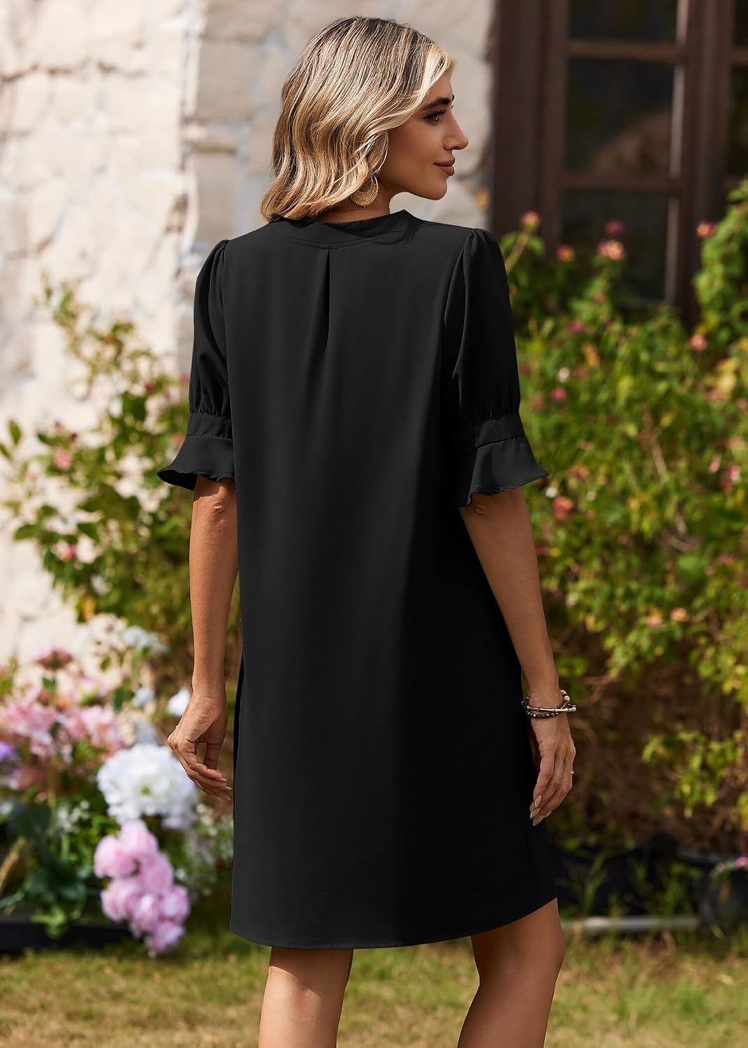 image:imageZeagoo Summer Dresses for Women 2026 V Neck Ruffle Sleeve Loose Shift Dress Hawaiian Sundress Beach Vacation ClothesBlack