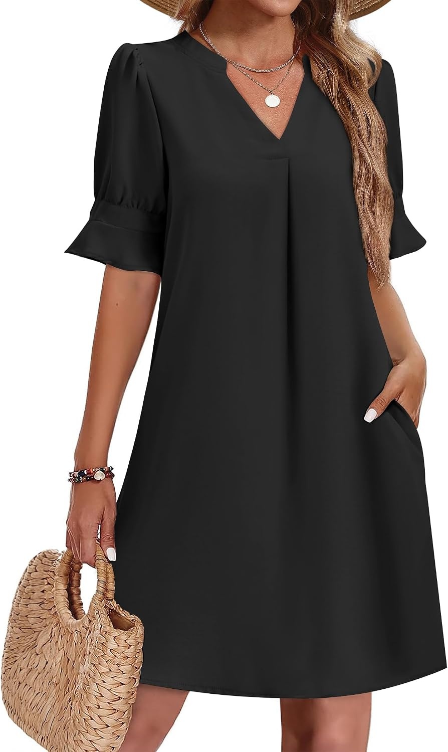 image:imageZeagoo Summer Dresses for Women 2026 V Neck Ruffle Sleeve Loose Shift Dress Hawaiian Sundress Beach Vacation ClothesBlack