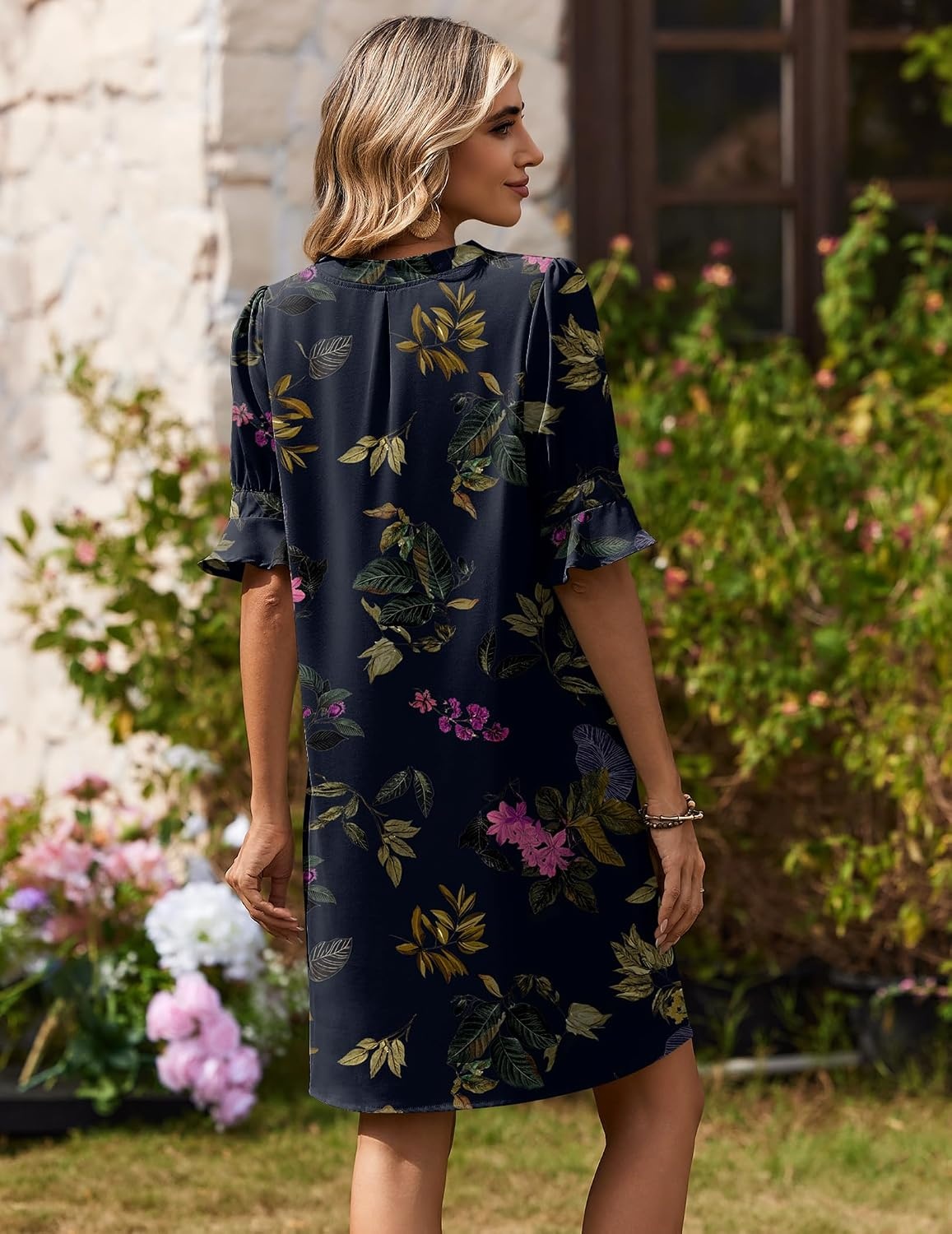 image:imageZeagoo Summer Dresses for Women 2026 V Neck Ruffle Sleeve Loose Shift Dress Hawaiian Sundress Beach Vacation ClothesBlack Floral