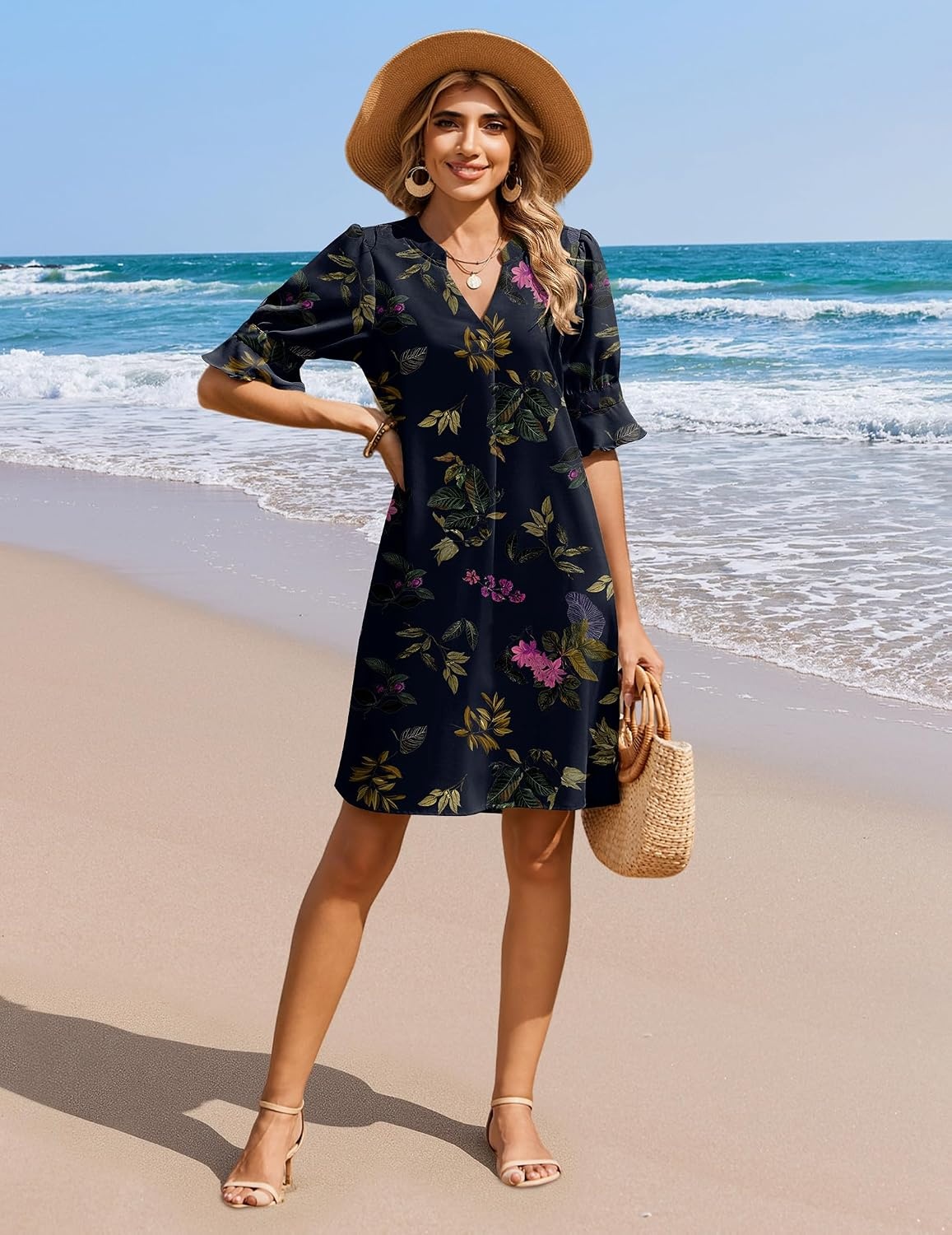 image:imageZeagoo Summer Dresses for Women 2026 V Neck Ruffle Sleeve Loose Shift Dress Hawaiian Sundress Beach Vacation ClothesBlack Floral