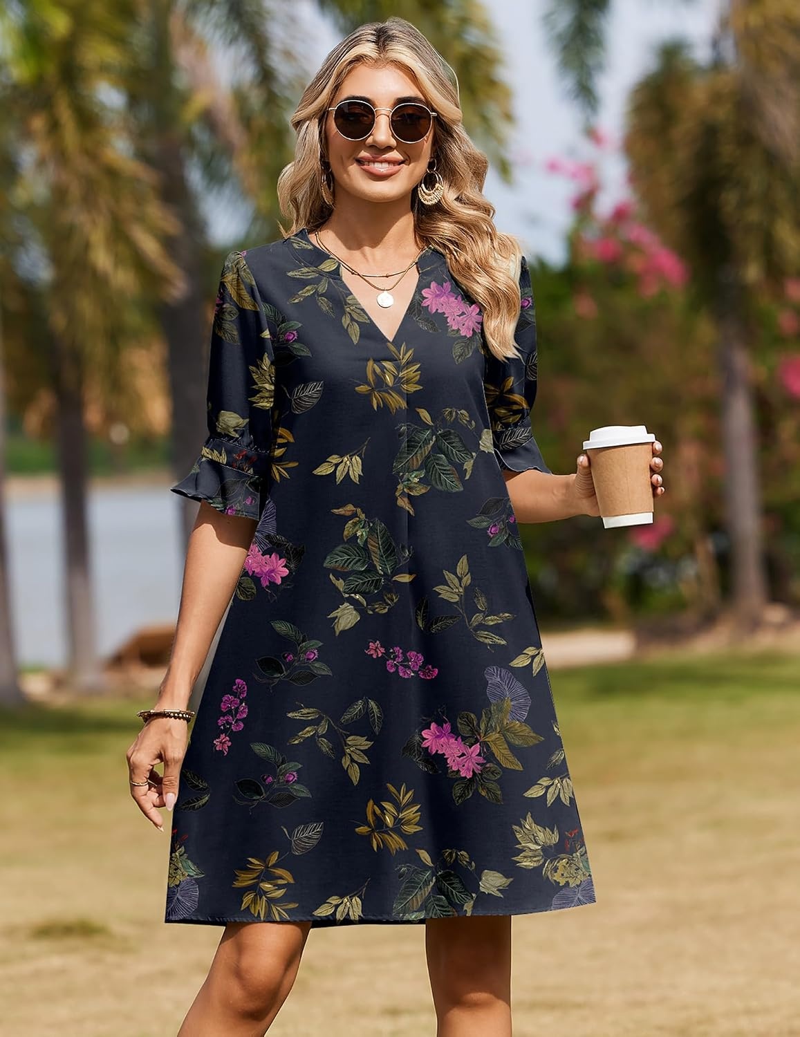 image:imageZeagoo Summer Dresses for Women 2026 V Neck Ruffle Sleeve Loose Shift Dress Hawaiian Sundress Beach Vacation ClothesBlack Floral