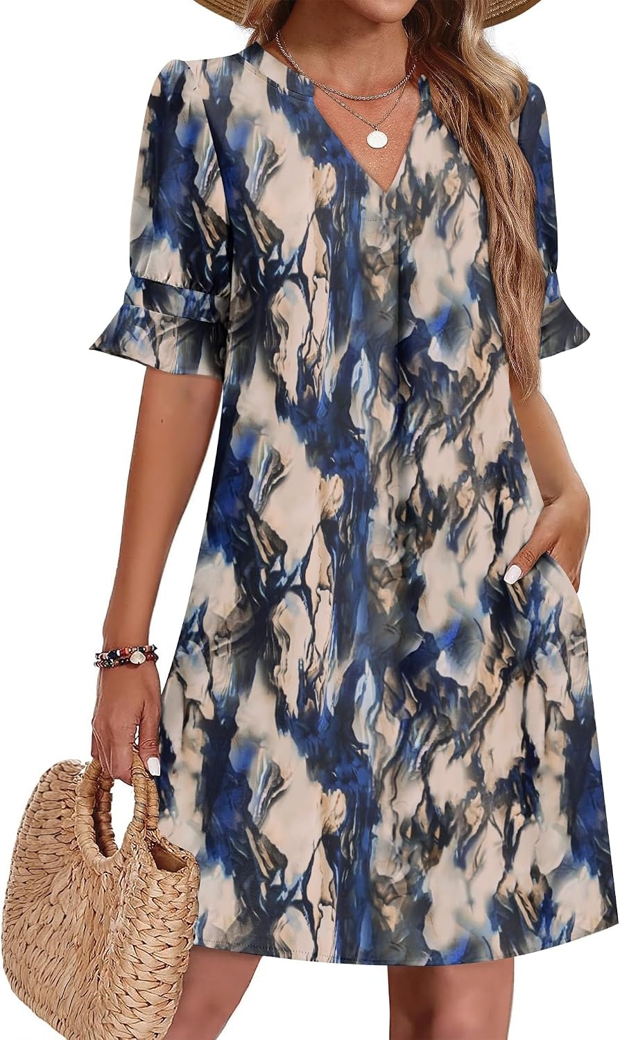 image:imageZeagoo Summer Dresses for Women 2026 V Neck Ruffle Sleeve Loose Shift Dress Hawaiian Sundress Beach Vacation ClothesBlue Gradient