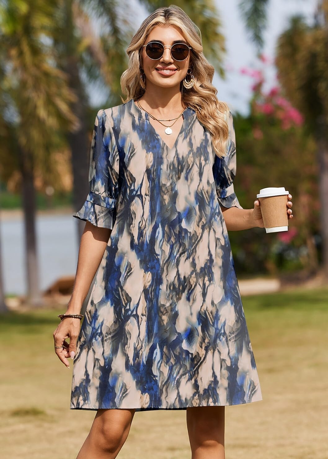 image:imageZeagoo Summer Dresses for Women 2026 V Neck Ruffle Sleeve Loose Shift Dress Hawaiian Sundress Beach Vacation ClothesBlue Gradient