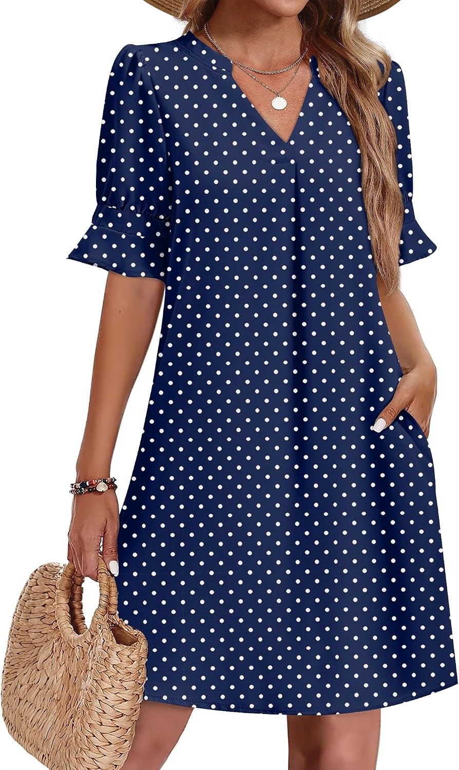 image:imageZeagoo Summer Dresses for Women 2026 V Neck Ruffle Sleeve Loose Shift Dress Hawaiian Sundress Beach Vacation ClothesBlue Polka Dots