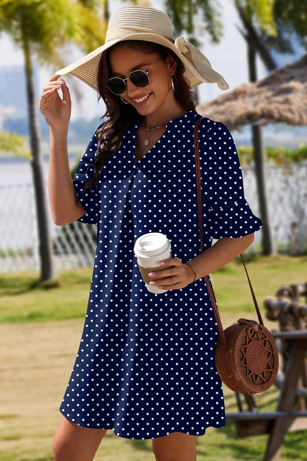 image:imageZeagoo Summer Dresses for Women 2026 V Neck Ruffle Sleeve Loose Shift Dress Hawaiian Sundress Beach Vacation ClothesBlue Polka Dots