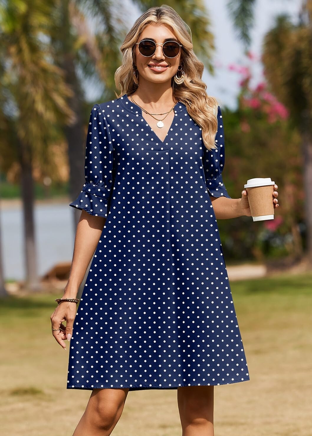 image:imageZeagoo Summer Dresses for Women 2026 V Neck Ruffle Sleeve Loose Shift Dress Hawaiian Sundress Beach Vacation ClothesBlue Polka Dots