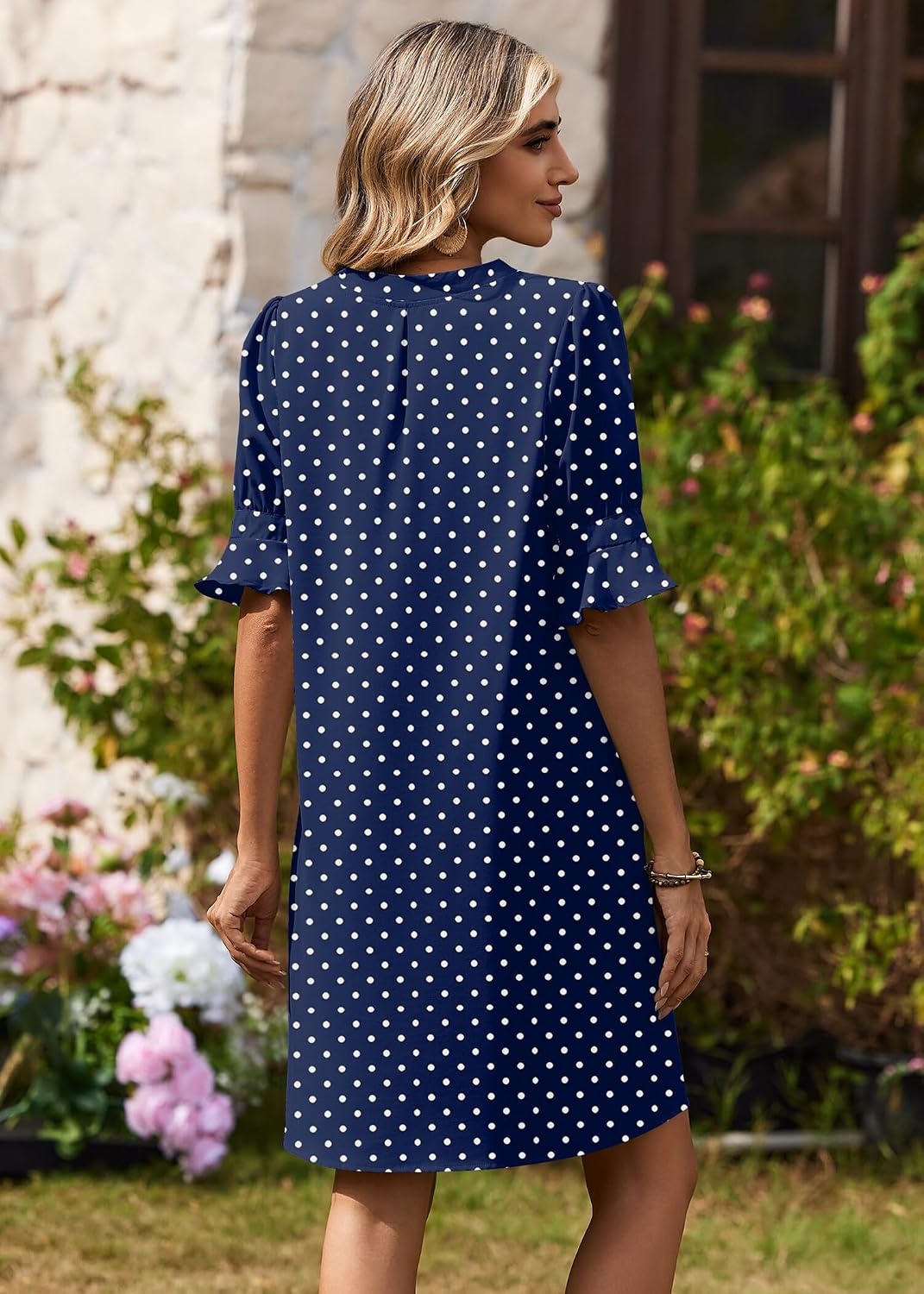 image:imageZeagoo Summer Dresses for Women 2026 V Neck Ruffle Sleeve Loose Shift Dress Hawaiian Sundress Beach Vacation ClothesBlue Polka Dots