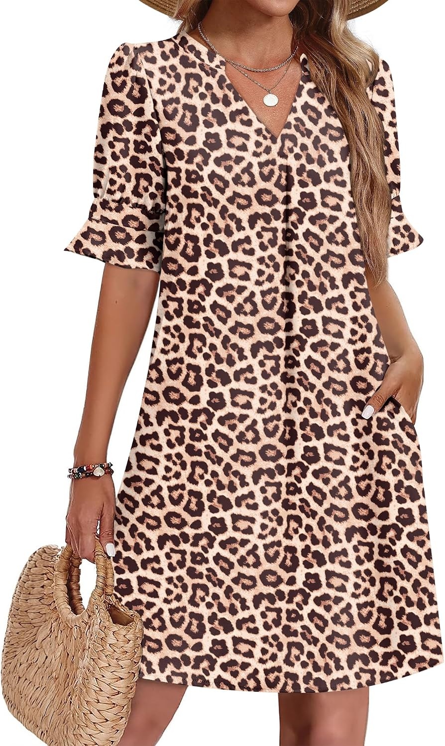 image:imageZeagoo Summer Dresses for Women 2026 V Neck Ruffle Sleeve Loose Shift Dress Hawaiian Sundress Beach Vacation ClothesDark Leopard Print