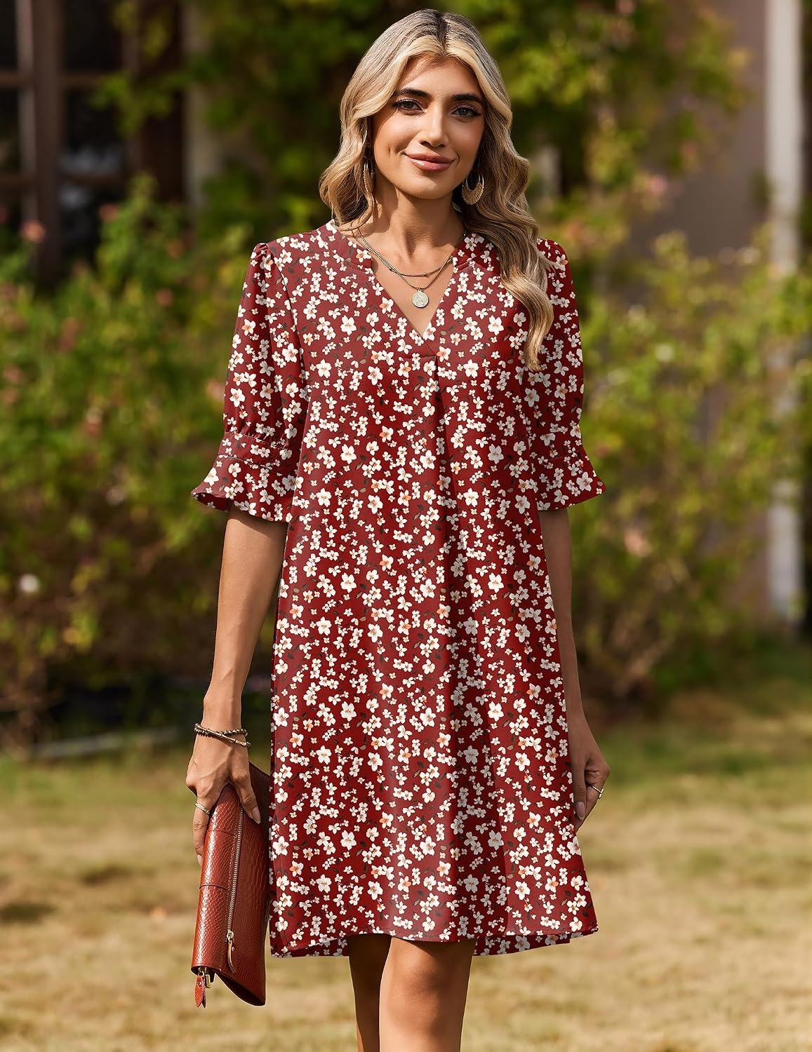 image:imageZeagoo Summer Dresses for Women 2026 V Neck Ruffle Sleeve Loose Shift Dress Hawaiian Sundress Beach Vacation ClothesDark Red Floral