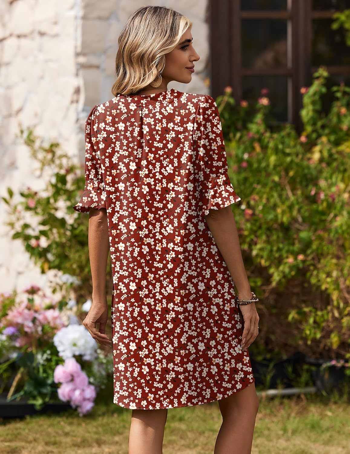 image:imageZeagoo Summer Dresses for Women 2026 V Neck Ruffle Sleeve Loose Shift Dress Hawaiian Sundress Beach Vacation ClothesDark Red Floral