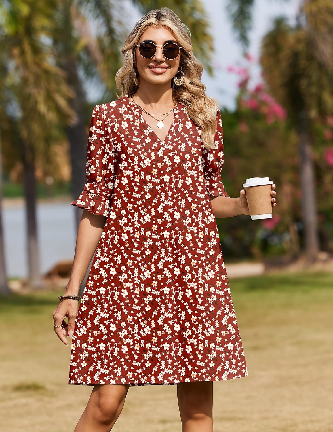 image:imageZeagoo Summer Dresses for Women 2026 V Neck Ruffle Sleeve Loose Shift Dress Hawaiian Sundress Beach Vacation ClothesDark Red Floral