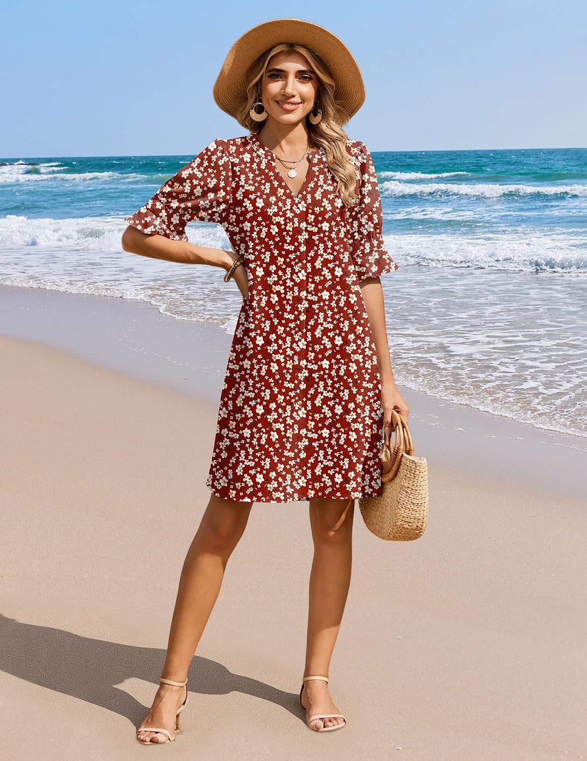 image:imageZeagoo Summer Dresses for Women 2026 V Neck Ruffle Sleeve Loose Shift Dress Hawaiian Sundress Beach Vacation ClothesDark Red Floral