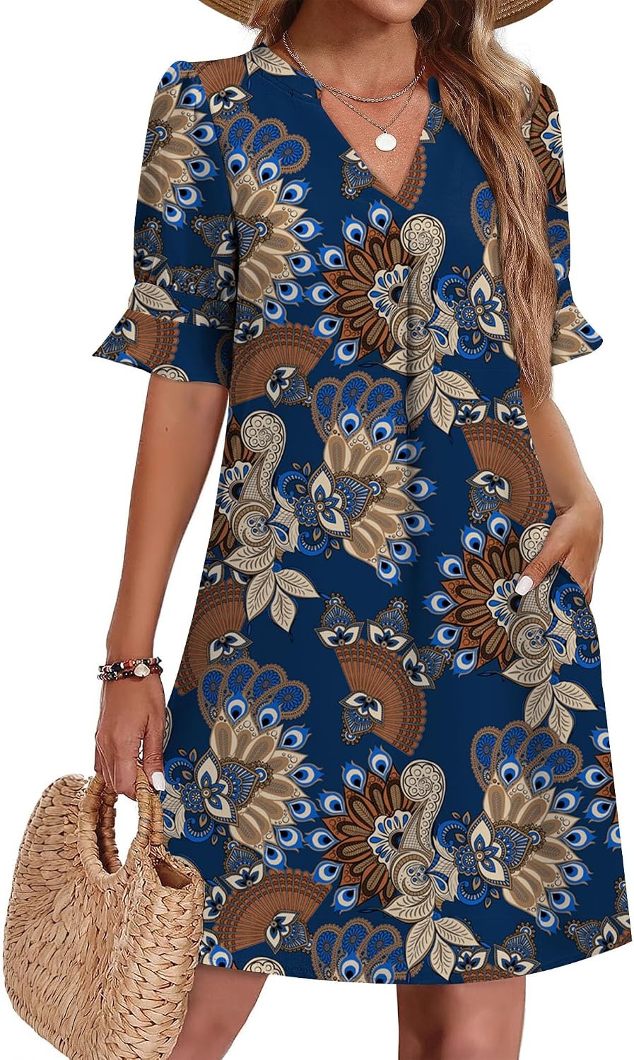 image:imageZeagoo Summer Dresses for Women 2026 V Neck Ruffle Sleeve Loose Shift Dress Hawaiian Sundress Beach Vacation ClothesDeep Blue Ethnic Floral